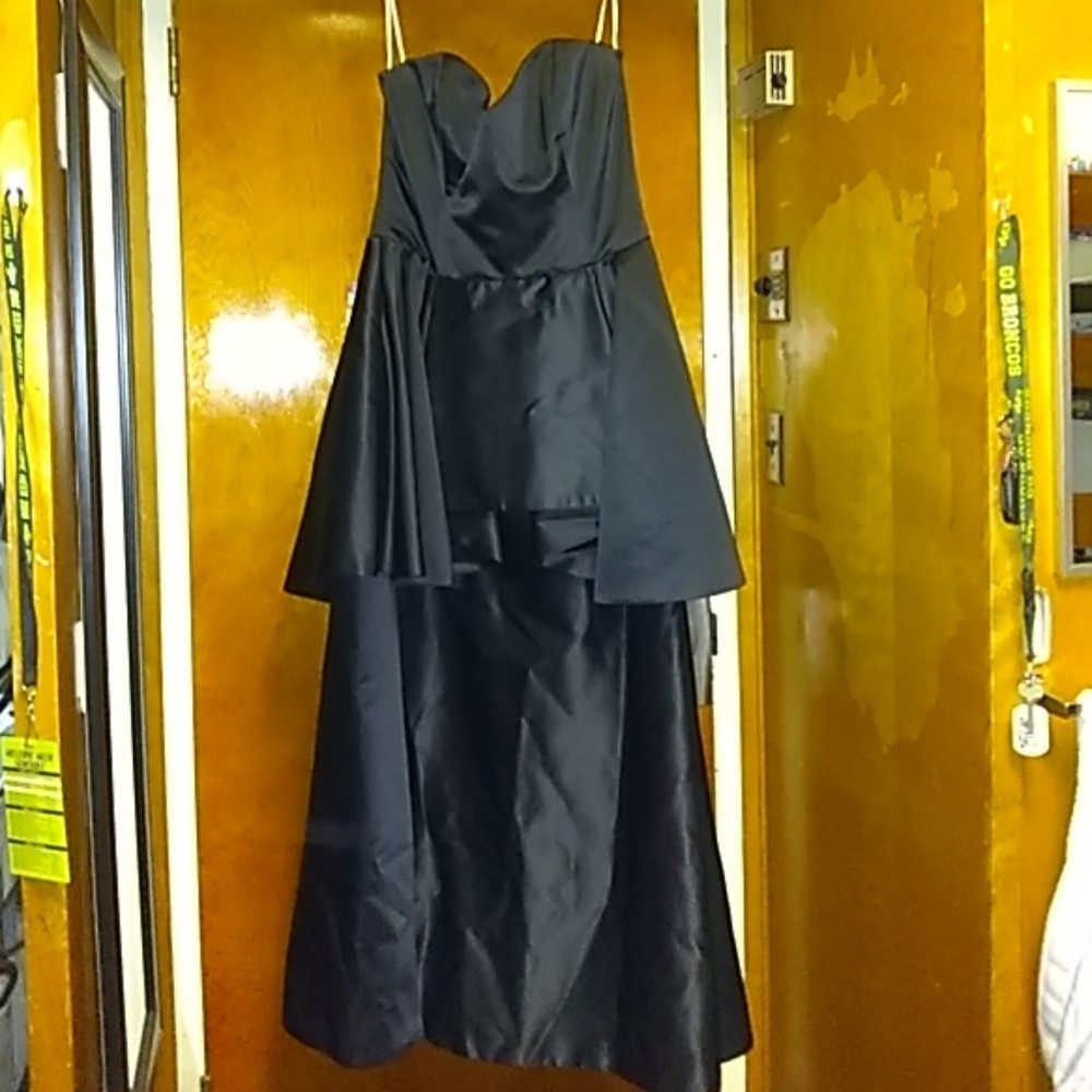 Long black prom dress.